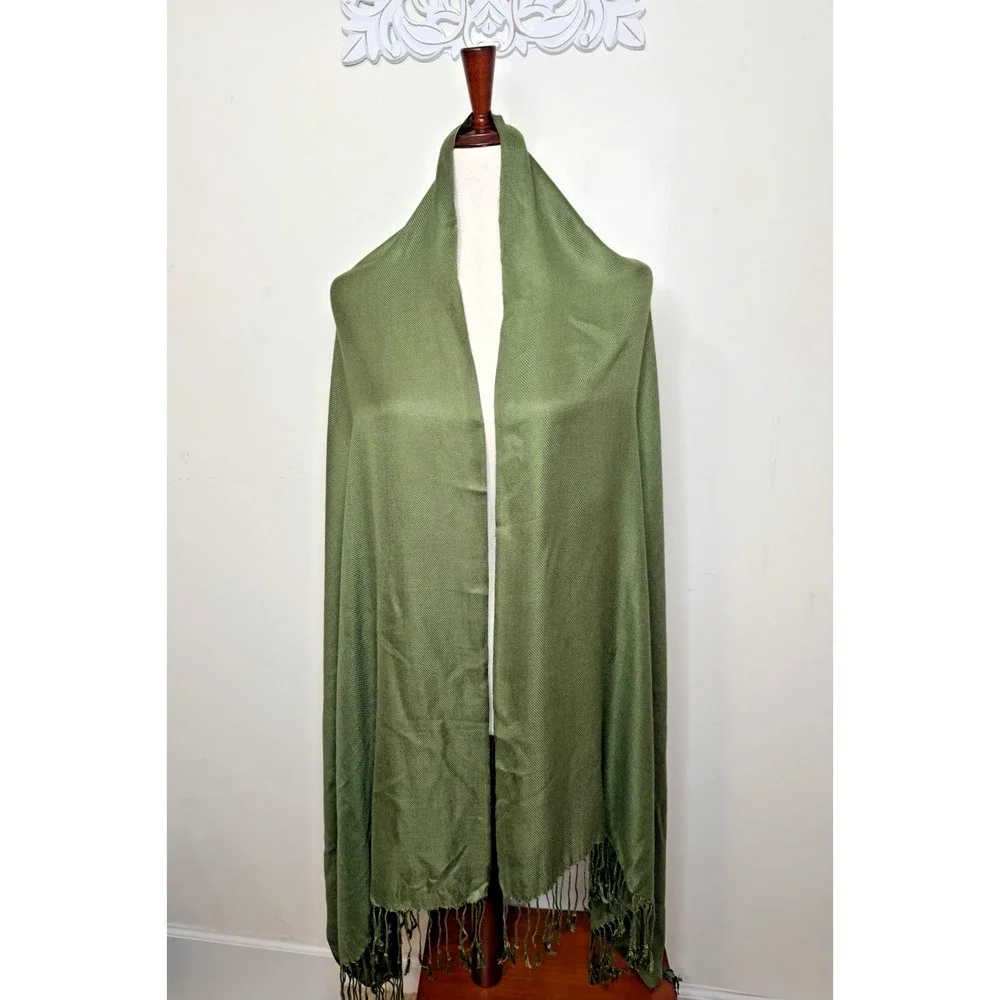 Olive Green Twill Scarf Long Rectangle Wrap Shawl Fringe Solid Green 80